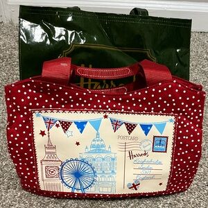 2 Harrods bags Red cloth  Zip Pouch with Polkadots EC